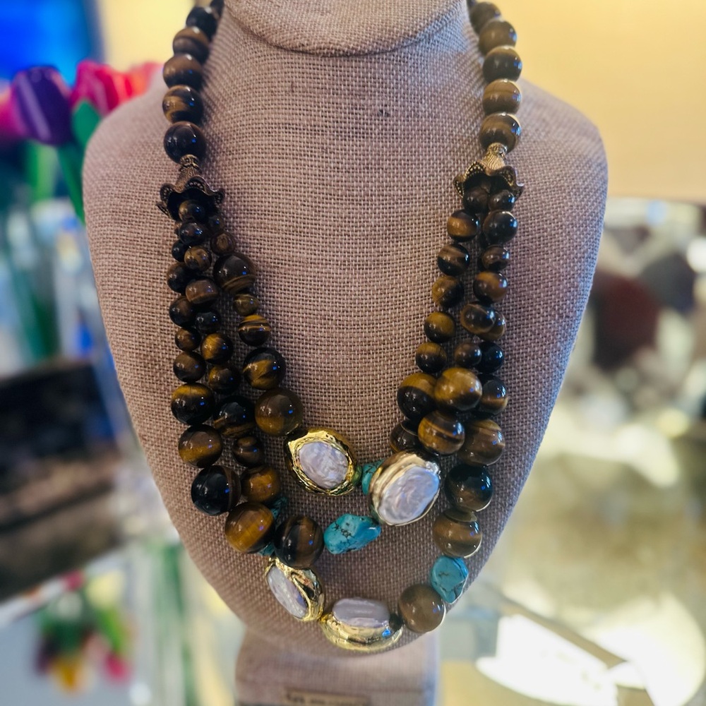 Stunning Tiger’s Eye and Mother-of-Pearl Beaded Necklace - WOW!